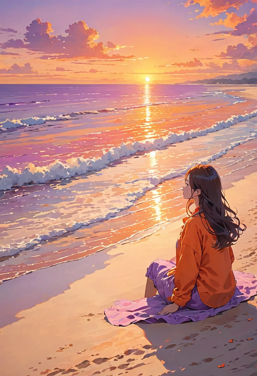 In the image, a person with long hair is sitting on the beach, facing towards the ocean. The person appears to be watching a beautiful sunset, with the sun partially above the horizon. The sky is filled with warm hues of orange, pink, and purple, creating a serene and tranquil atmosphere. The beach and the ocean add to the calmness and peacefulness of the scene. The person’s posture and the overall setting suggest a moment of quiet reflection or relaxation.