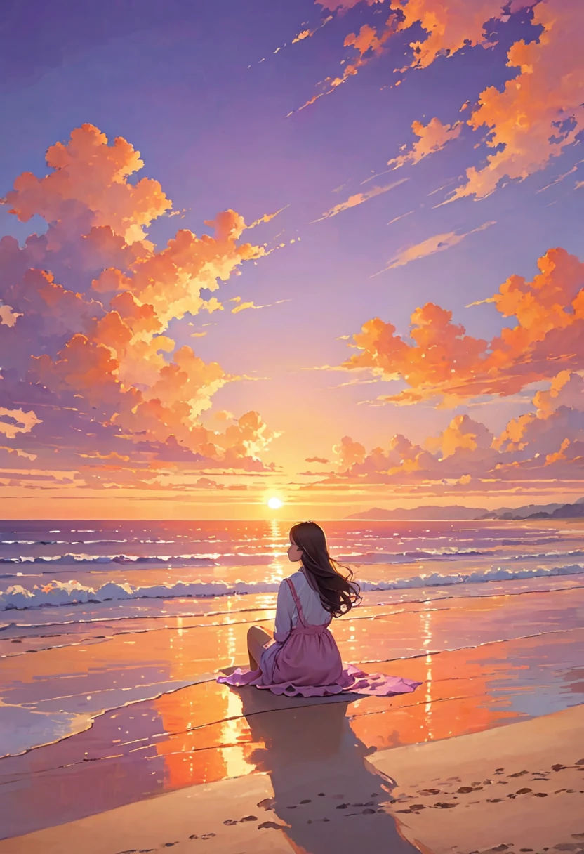 In the image, a person with long hair is sitting on the beach, facing towards the ocean. The person appears to be watching a beautiful sunset, with the sun partially above the horizon. The sky is filled with warm hues of orange, pink, and purple, creating a serene and tranquil atmosphere. The beach and the ocean add to the calmness and peacefulness of the scene. The person’s posture and the overall setting suggest a moment of quiet reflection or relaxation.