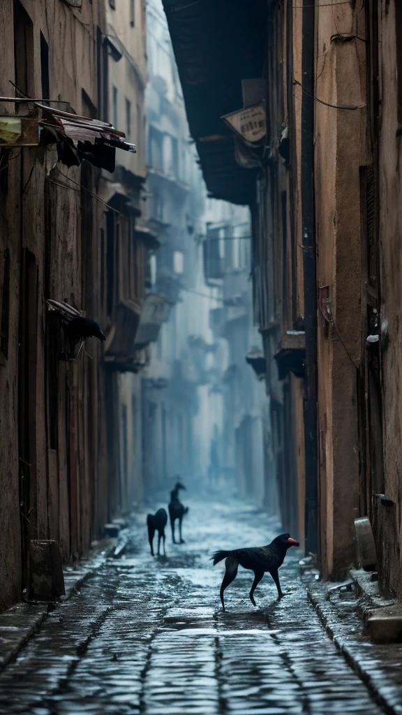 A pack of stray dogs in a narrow alleyway whimper and cower, their tails tucked between their legs. They huddle together, their eyes wide with fear, staring at something unseen by human eyes. A flock of crows circles overhead, their harsh caws echoing through the empty street, adding to the unsettling atmosphere. 8K, hyperrealistic, medium shot, focusing on the animals' fear and the unseen threat.