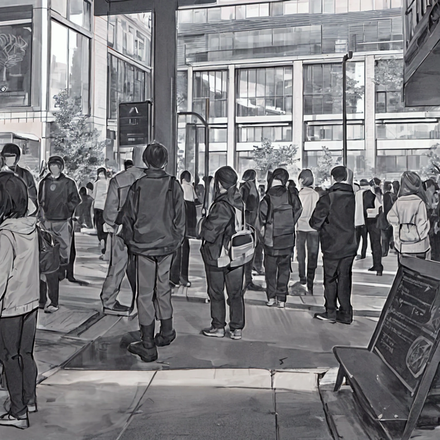 A solitary figure, barely visible, blending into the bustling college campus. The character appears lost in thought, surrounded by the energetic crowd.
