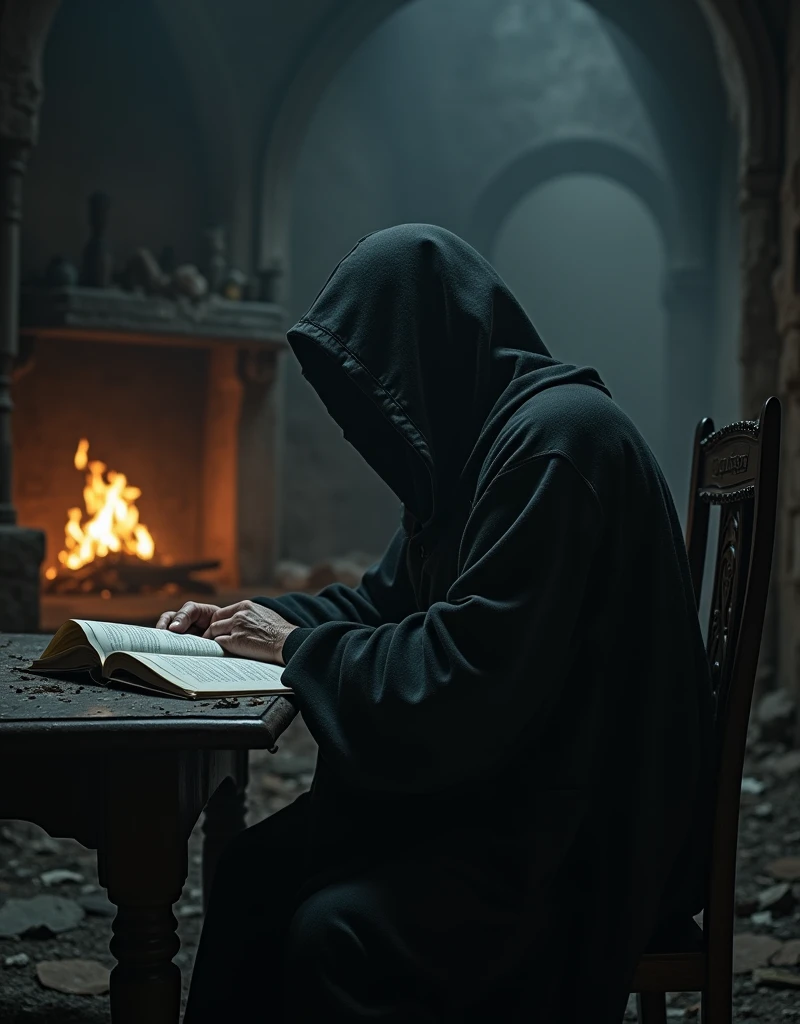 An elderly man in a dark robe and hood reads a book at a table, with a distant fireplace casting a faint glow. The room is dimly lit, filled with dark, crumbling debris, creating a foreboding atmosphere. The camera remains static, and the man’s face is completely obscured by shadows, ensuring it does not appear