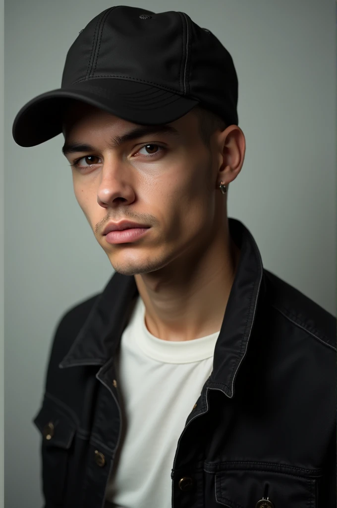 Image of a young man in a photography studio, Posing.showing the black cap he wears on his head