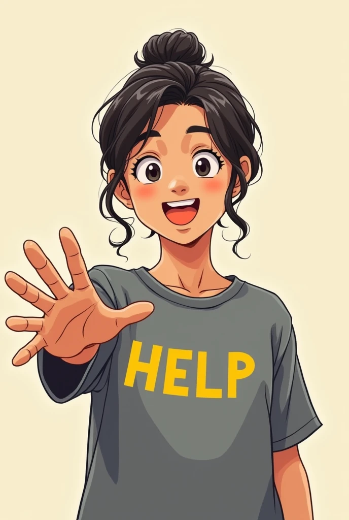 A person extending his hand as if to help the screen with a soft smile on his face and captivating with a gray shirt with help written in yellow, in manga format