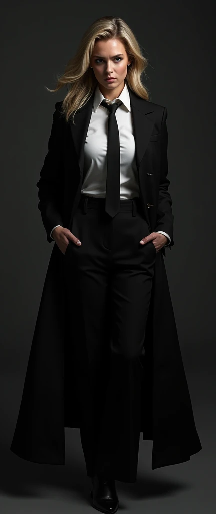 a female, a long trench coat black suit, white shirt underneath, tie, aggressive, assertive, swagger attitude, photorealistic, 8k, hyper detailed, studio lighting, highly detailed face and eyes, intricate details, chiaroscuro lighting, dramatic lighting, moody atmosphere, cinematic, elegant