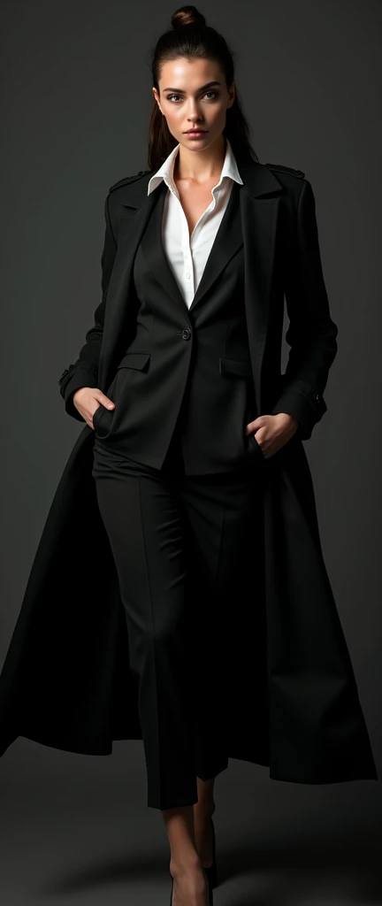 a female, a long trench coat black suit, white shirt underneath, tie, aggressive, assertive, swagger attitude, photorealistic, 8k, hyper detailed, studio lighting, highly detailed face and eyes, intricate details, chiaroscuro lighting, dramatic lighting, moody atmosphere, cinematic, elegant