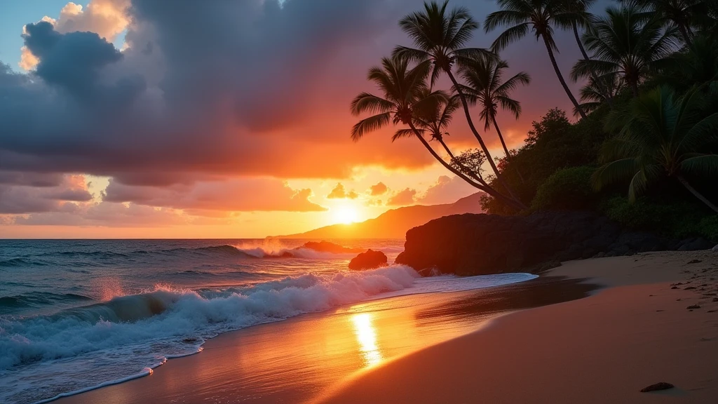 sunset, beach coast, sand, Hawaiian palm trees, dark sky, windy, faraway waterfall, strong wind