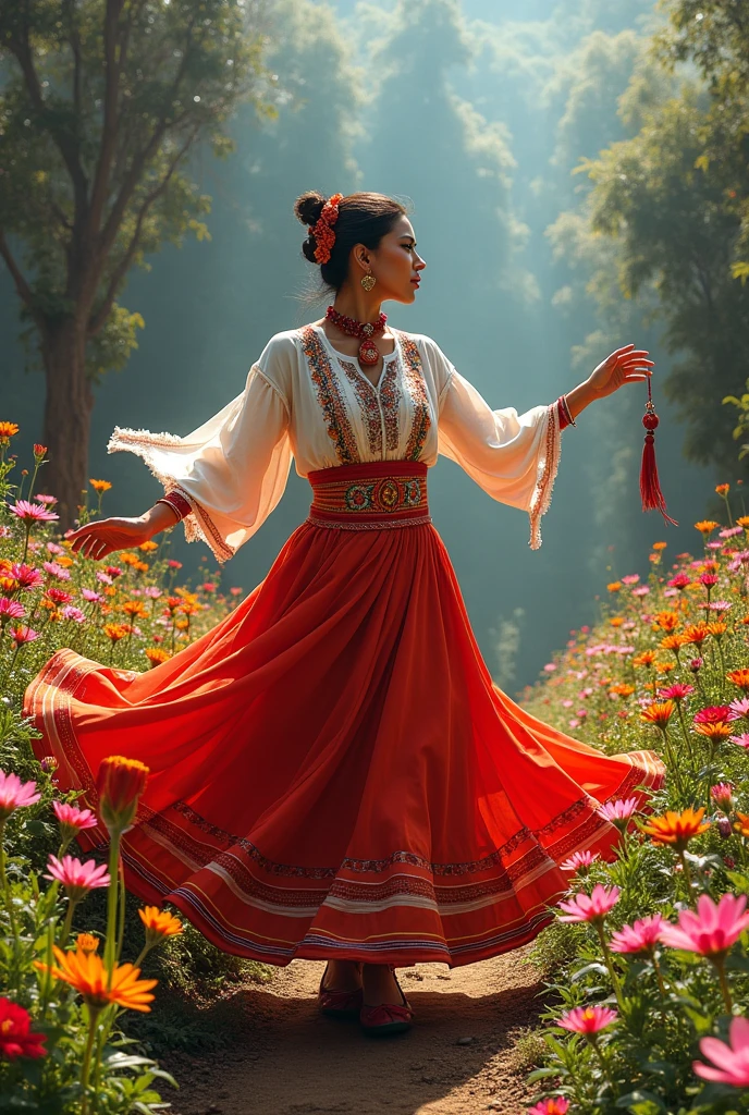 Woman dancing the huaylash dance of huancsyo with flowers in the background 
