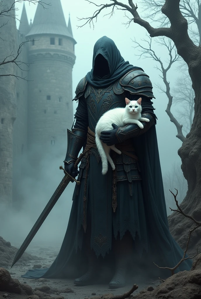 Dark fantasy medieval knight carrying white cat blue eyes 