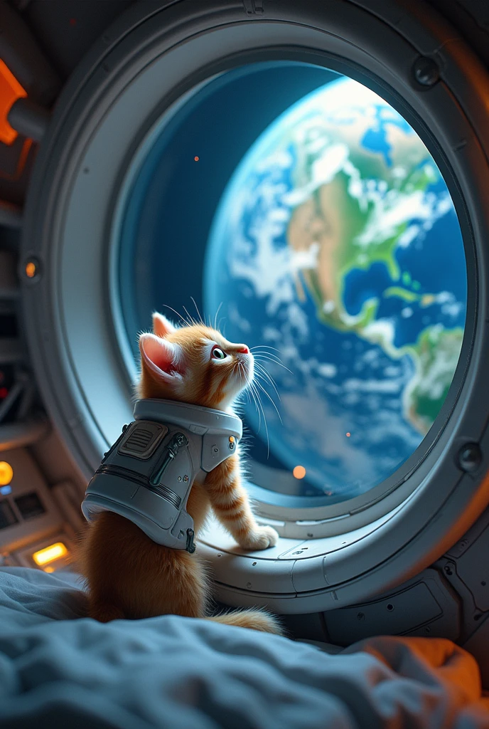 Background showing the Earth from a spaceship window　Astronaut Kitten　whole body