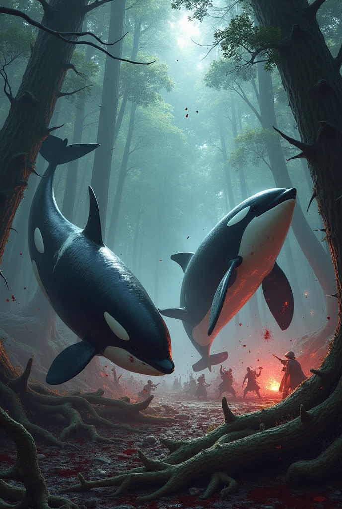 orca warriors in battle running inside the forest at dusk in a bloody battle against wizards and humans