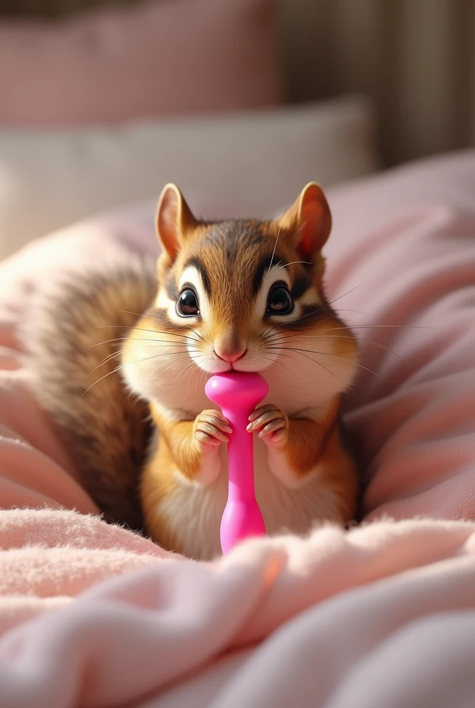 chipmunk in bed with a pink dildo in his paws