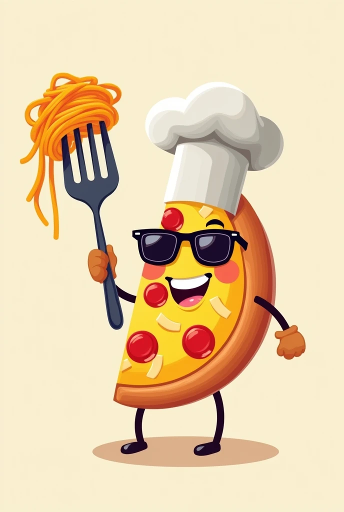 Une pizza souriante, portant des lunettes de soleil et un chapeau de chef, tient une fourchette de spaghetti à la verticale, comme un sceptre. Elle a l'air triomphant et porte un grand sourire. La pizza est de couleur jaune vif, avec des morceaux de pepperoni rouges et du fromage fondu. La fourchette de spaghetti est enroulée de quelques spaghettis et est de couleur orange. Logo
