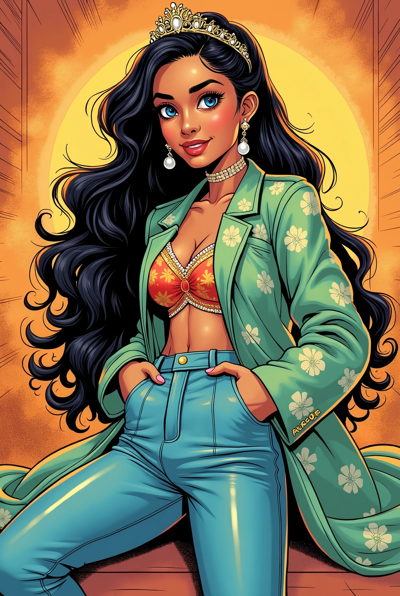 Colorful comic panel, Human Comics style, cartoon style panel, unique and intricate panel. Jess is a girl with long black hair with golden highlights and a tiara on her head., has eyes as clear as a dawn and a radiant smile, radiates an aura of extreme beauty. She wears a light green floral coat and a low-cut top., light blue long pointed toe boots, leather pants with small chains around them and long pearl earrings.