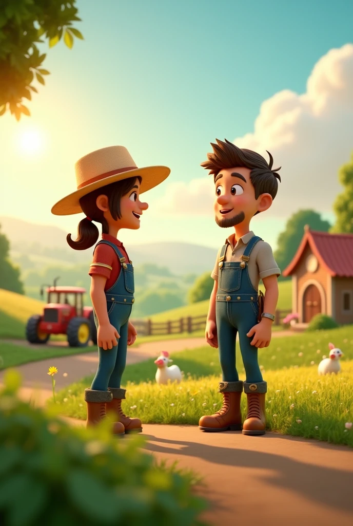 In cinamatic 3d cartoon "Farmer: (to the neighbor) "Don’t worry. I’ll work in your field today too."