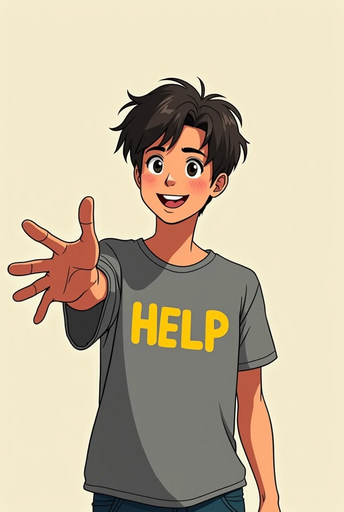 A person extending his hand as if to help the screen with a soft smile on his face and captivating with a gray shirt with help written in yellow, in manga format