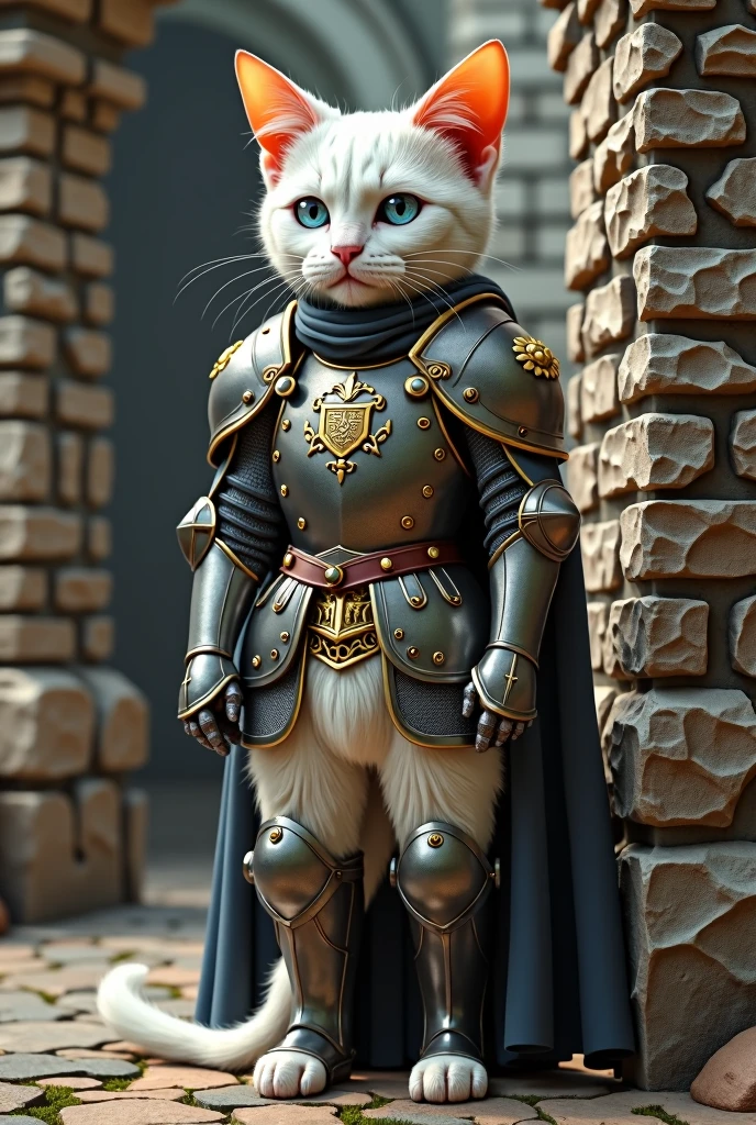 White cat with blue eyes, orange ears and medieval armor