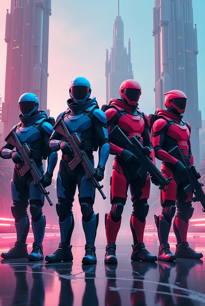 Call of duty in afuturistic world with cool guns and blasters. They are standing in a cool pose with cool tech suits. The suits are in a range of awesome colours. There is only four of them in the picture standing in a horizontal line . Only men