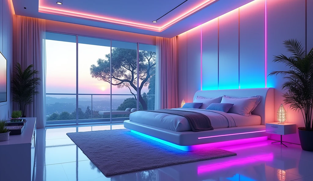 futuristic rich billionaire modern room, futuristic rich billionaire modern LED white lights, futuristic rich billionaire modern bedroom, realistic view, realistic sky, sun reflection, uncommon and unique, realistic shadow, realistic shader, dynamic lighting, modern white LED lights, master bedroom, king size bed, big room and big window, gaming computer setup with blue and purple color neon lights, corner view, big length, big, Air-condition AC, big room, large room and big size bed, real life, sunset, pump tree, three people size bed,