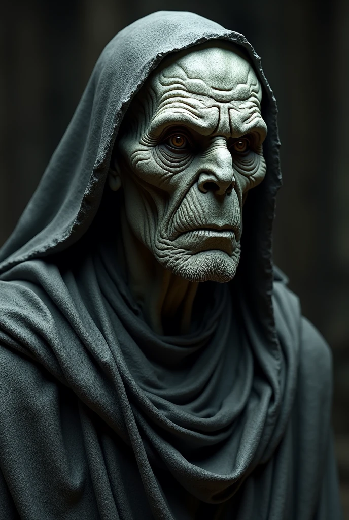 a finely detailed stone bust of an old orc nun, highly intricate facial features, weathered and textured stone surface, dramatic lighting, moody atmospheric lighting, cinematic composition, chiaroscuro lighting, dark and gritty, (best quality,4k,8k,highres,masterpiece:1.2),ultra-detailed,(realistic,photorealistic,photo-realistic:1.37),sculptu