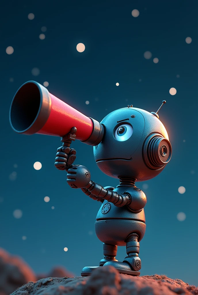 I want a cute 3D robot looking at the stars through a red and dark blue telescope. the telescope is in the robot&#39;s eye and the telescope has a support and the robot holds it