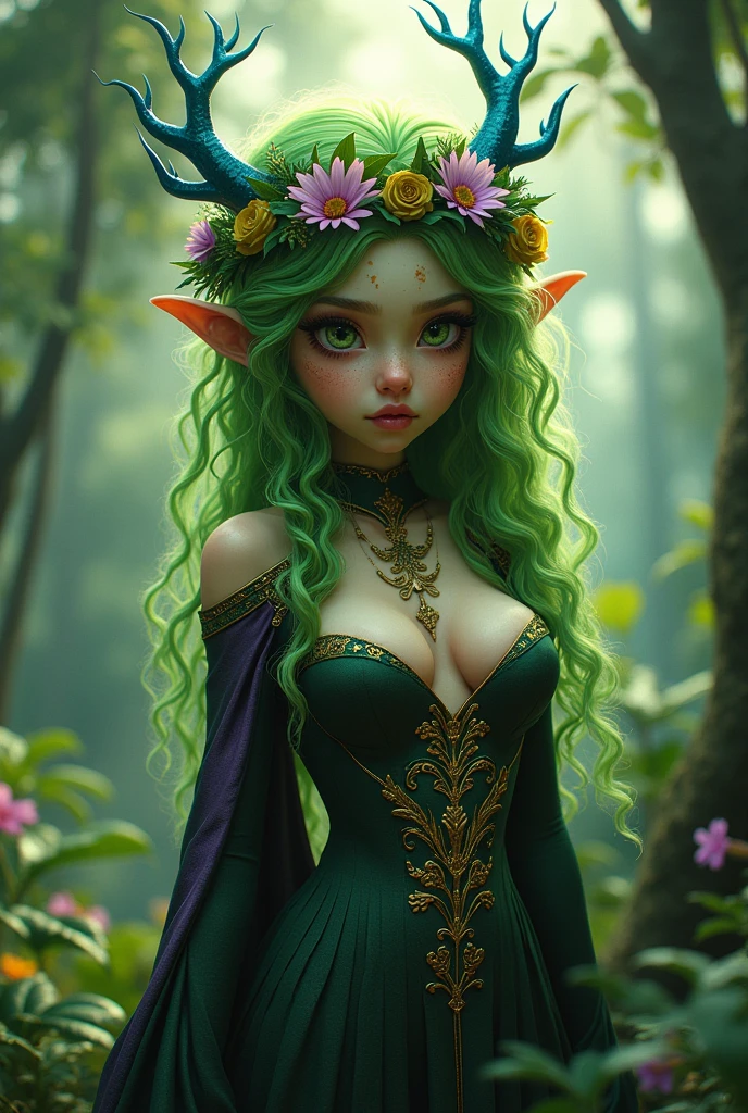 Jungle like environment. A young Plant woman with a deep green skin tone & a set of B-cup breast. She short has leaf green curly hair & is wearing a revealing mythic flowing Black-Purple-Green cloak with Golden Floral designs & an otherworldly flower wreath on he head. She has Serious gaze in her Starlike Golden eyes & a heavy freckled form. She has long crystal blue antlers radiating Floral energy & a set of quaint elven ears. She has a small cute nose She is seen in a battle stance radiating a floral energy