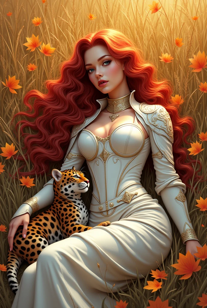 Female ranger beautiful long curly red hair longbow white leather armour sleeping in high grass with jaguar kitten autumn colours art deco style