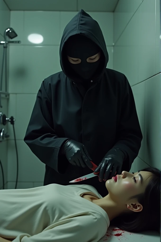 korean girl, (behind stiff, holding knife), stabbing, black balaclava mask, black leather gloves, bath room, black raincoat, girl only, holding knife, leather gloves, woman on top, behind cadaver, looking at viewer, blood splatter, night, mass murderer, killer, blood splatter, tripod and camera in the back, shooting with camera