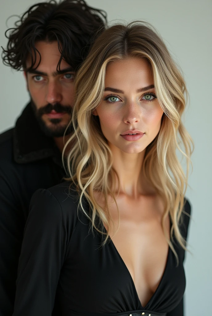 
create image in human realisms vx style of a blonde with black glasses and green eyes in a long tight dress sitting on a chair in a photo studio, he dark hair messy black beard black looking at her in the background