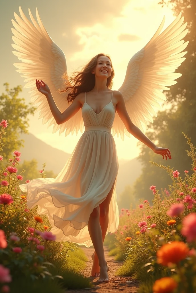 (photorealism:1.2), beautiful woman, Young , dancing in a big Garden, with much flowers ALL collors. And a white angel realist flyer close her . Rices and clouds Golden sky 