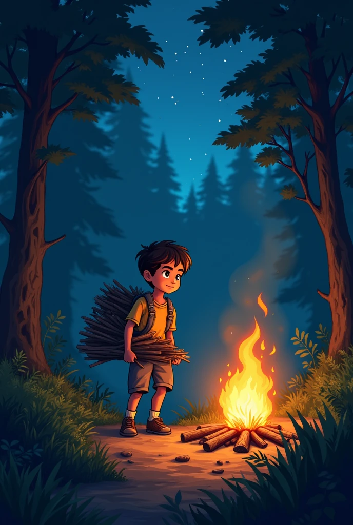 Обложка для игры в которой нужно носить дрова чтобы bonfire не потух . На обложке должен быть один мальчик который несет дрова в bonfire , bonfire, forest in the background. All this happens at night in the summer