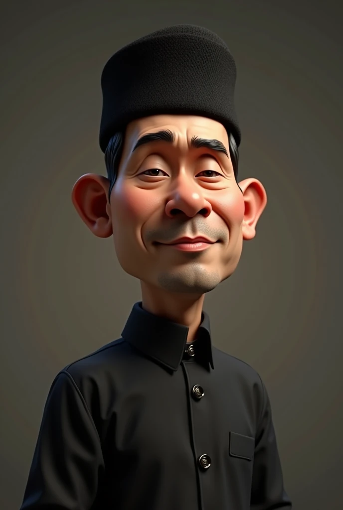 Realistic 3d caricature. A 30 year old Indonesian man. , wearing a black Muslim pecis.. Body position is clearly visible. Simple background. Use soft photography lighting with hair lights, edge lights, and top lights. Photos with very high detail.
