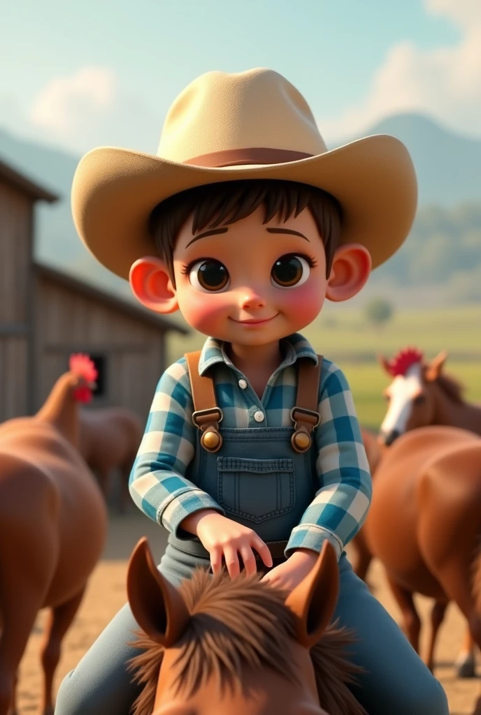A baby ,Scrawny, smiling slightly light brown hair, brown dark eyes, light cowboy hat, working with, horses, chickens, cows, blue and white plaid shirt denim overalls, mounted horse 3d hd image