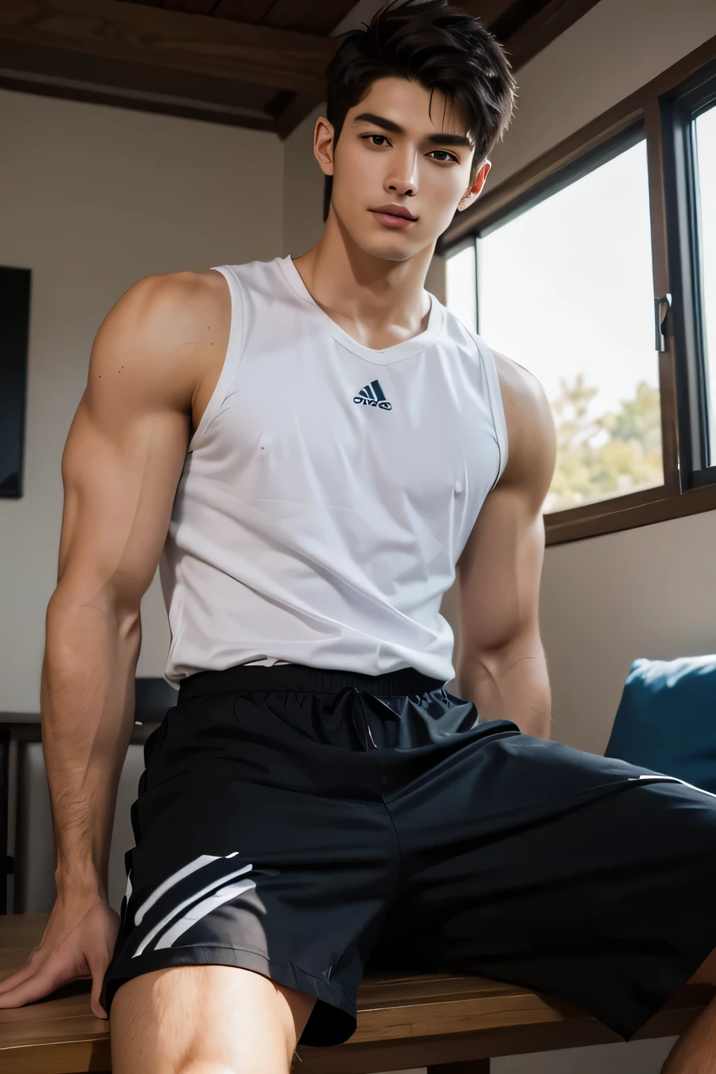 (((Best quality))),(((Ultra detailed))),(((Masterpiece)))，（Cute tall Shota：2），The height of a volleyball player，solo person，（full bodyesbian：3），（Stay away from the lens：3），Expose your legs，（revealing the whole body：2），（Frontal heads-up view：1.2），malefocus，（looking at viewert），16 yaers old，（Tall：3），（Tall guy：2），Super tall，（Height 300 cm：2），Excellent body proportions，muscular physique，（1.The shoulders are 5 times wider：1.2），（Slender straight legs：2.5），Slender feet，small heads，musculous，（The face of the animated male protagonist），Pure and immature face，（Very detailed beautiful face and eyes：2），（Big bright eyes：1.2），Sharp eyeliner，Clear and beautiful face，exhilarated，（Happy smile：2），short detailed hair，（Correct facial features），（tilts your head：1.5），（Men's soccer jersey：2)，Long sport men's socks，（Muscle firming：2），Strong，（Wide shoulders and narrow waist：2.2），Detailed muscle texture，Highlights muscle structure，At home，（Confident posture：4），（full length shoot），ultra-realistic realism, (Photorealistic detail), Incredible accuracy, lifelike textures, masterful technique, Jaw-dropping precision, artistic dedicatiotomy correct），Good lighting，exquisite detailing，Best quality，stunning masterpiece，CG，（Colored screen）