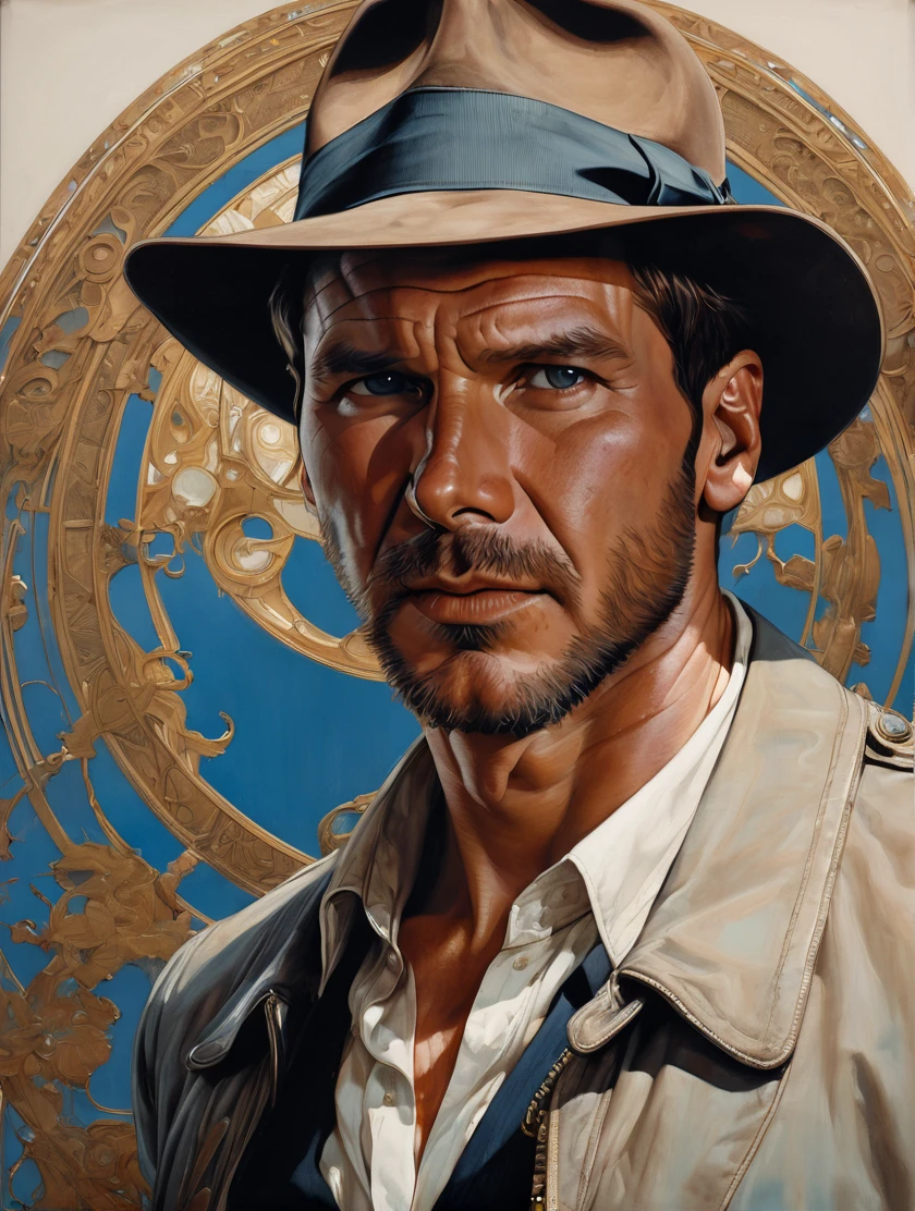 Persona indianajones al estilo de Sveta Dairsheva y Hsiao Ron,Hyper realistic,grant,Surrealism,dark art by james jean,Alphonse Mucha,air,Chalk blue,fresia,Bubonic brown,White Acorn and Adobe,