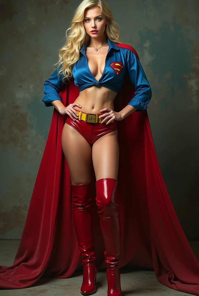 A SEXY BUSTY YOUNG BLONDE TEEN FEMALE WITH BLUE EYES WEARING A 1970 SPLIT OPEN V BUTTONLESS FULL LENGTH BLUE V BLOUSE WITH A "S" EMBLEM ON THE RIGHT SIDE OF HER CHEST, A PAIR OF RED LEATHER SHORTS WITH A YELLOW LEATHER BELT, TALL RED HEELED BOOTS, AND A LONG RED CAPE. PHOTO REALISTIC, HYPER DETAILED AND TEXTURED