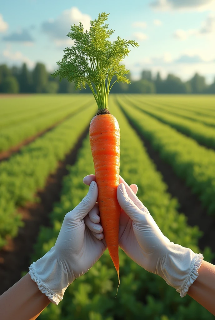 "A pair of white-gloved hands is gently holding a freshly harvested, bright orange carrot, which resembles a human foot. The carrot is set against the backdrop of a vast agricultural field bathed in sunlight. The carrot still has some soil clinging to it, symbolizing the bounty of the earth. In the distance, rows of lush crops stretch toward a line of trees, all under a calm blue sky. This scene evokes a sense of peace and the quiet satisfaction of a successful harvest."