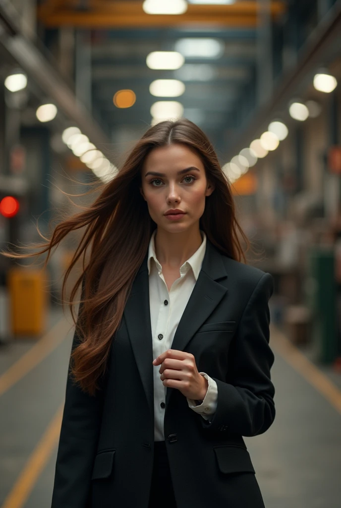une belle fille aux longs cheveux bruns, yeux détaillés, nez, et les lèvres, porter une tenue professionnelle, marcher dans une industrie, utiliser sa créativité pour faire évoluer l'entreprise (Meilleure qualité,4k,8k,haute résolution,chef-d'œuvre:1.2),ultra-détaillé,(Réaliste,photoRéaliste,photo-Réaliste:1.37),HDR,éclairage de studio,visage et corps extrêmement détaillés, portrait,Éclairage cinématographique,Éclairage dramatique,tons de couleurs chaudes,couleurs dramatiques