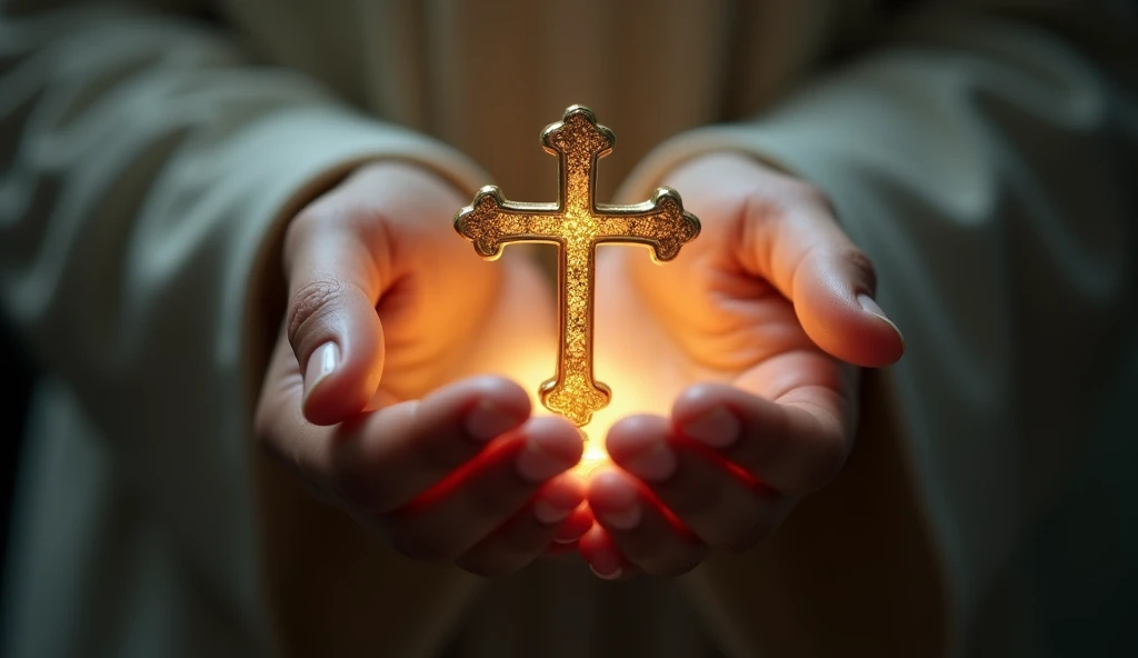 (photorealism:1.2), hands holding a christian cross with light
