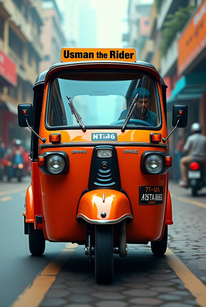 A autorickshaw with a name board which written Usman The Rider on top of the mirror and with a number plate AP26TA8865