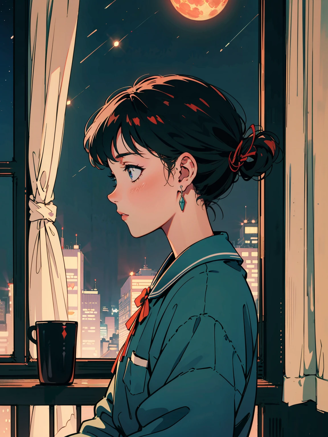 Anime style illustration of young woman on balcony at night. Full moon and starry sky, cityscape below with twinkling lights. Woman in profile, wearing pajamas with polka dot pattern. Wearing a big headphone and looking at viewers. Balcony railing in foreground. Curtains visible from room behind. Contrast between dark night sky and bright city lights. Peaceful, contemplative mood. Highly detailed background with buildings. Soft, warm color palette with emphasis on blues and oranges. Cozy, late-night atmosphere. Various colors in the image