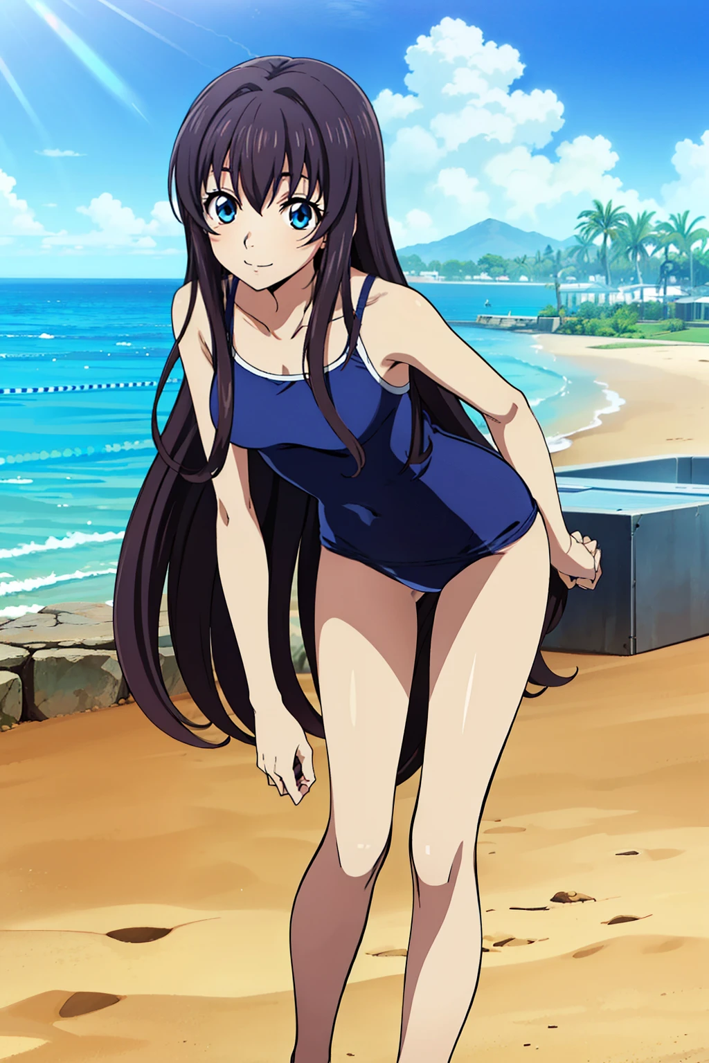 Black Hair,Long Hair,blue eyes,bangs, ((髪band)), Animeセル画スタイル,masterpiece, Highest quality, Very detailed, a Anime女の子, ((White Racing Back one-piece swimsuit)), (at beach), ((dynamic pose)), Naughty anime style, Anime, Naughty style, Naughty, Digital anime art!!, Anime Style, Official artwork, Visual Novel CG, beautifulAnime, Anime Style 4k, (beautiful,_Ass:1.0), (Long and thin_foot:1.0), 