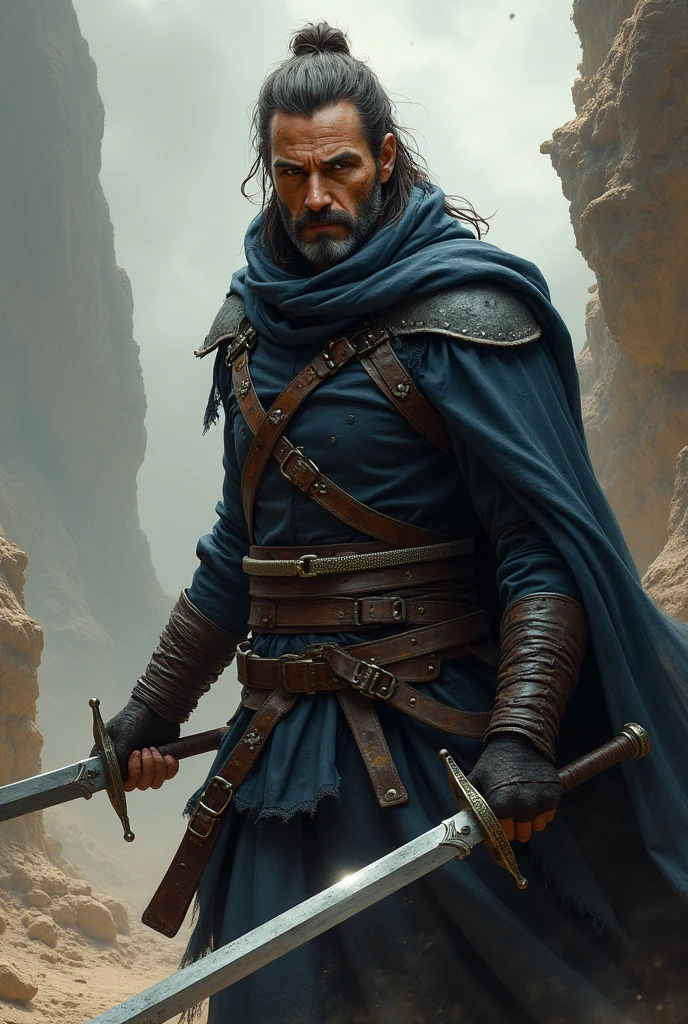 The swordsman who uses two swords is a former criminal who wants to repay all his past actions for doing good things