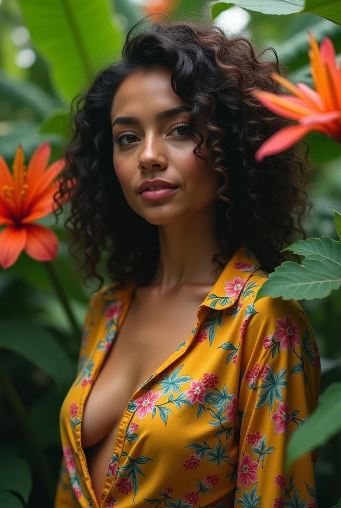 A Brazilian woman in a lush tropical garden, wearing an open shirt with a floral print, with a close-up capturing the harmonious beauty between her breasts and the natural flowers, showing off your natural charm and outgoing personality.