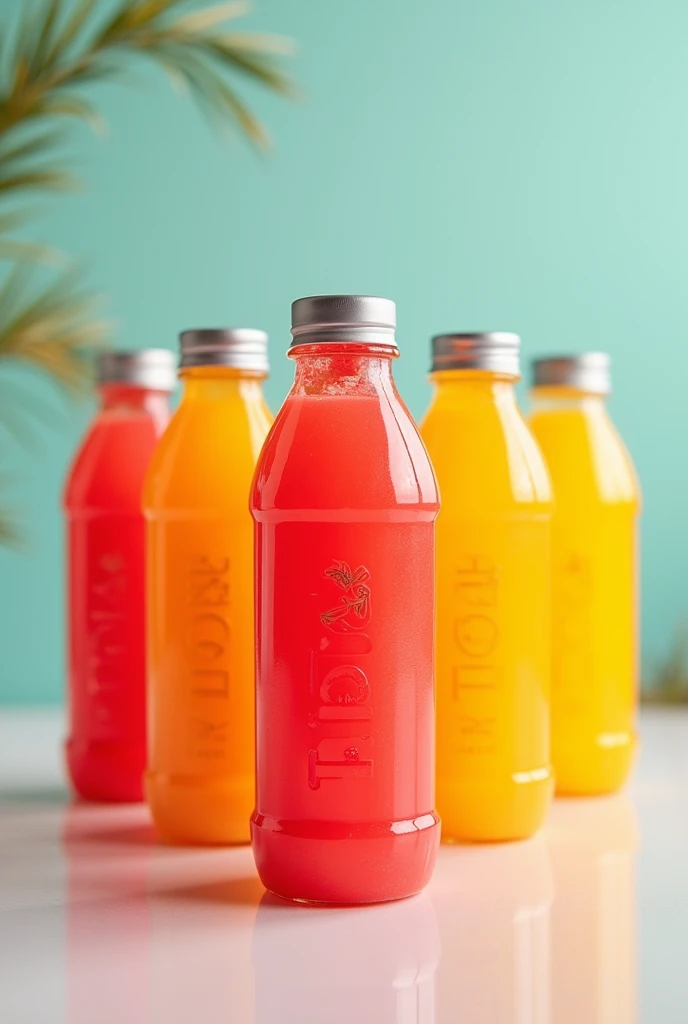 Picture of a plastic bottle of watermelon fruit juice, lineup, mango, passion fruit for logo