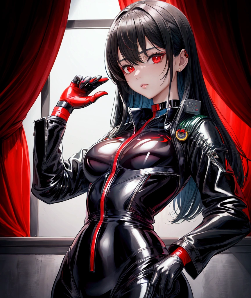 a beautiful girl, black pilot suit,red under shirt,dark green shoulder pad, black choker