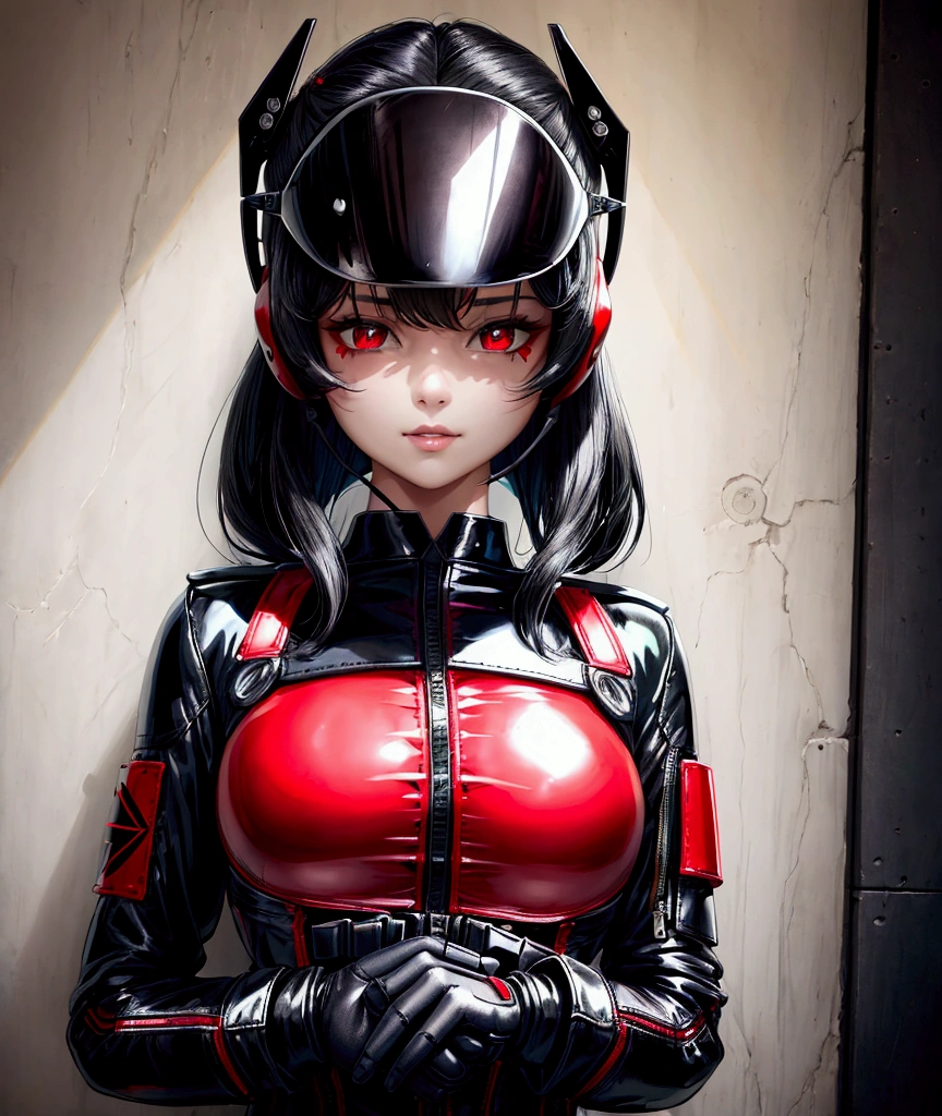 a beautiful girl, black pilot suit,red under shirt,dark green shoulder pad, black choker