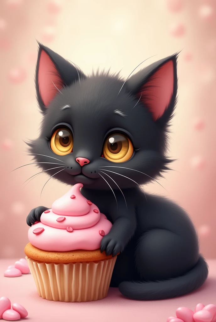 rounded image of black cat with yellow eyes eating pink cupcake (opt for pastel tones, delicate features and gentle expressions)