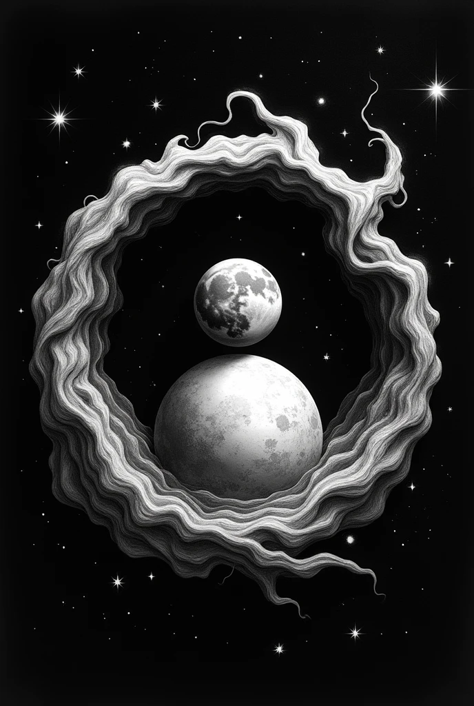Drawing of a moon inside a moon with black and white tides