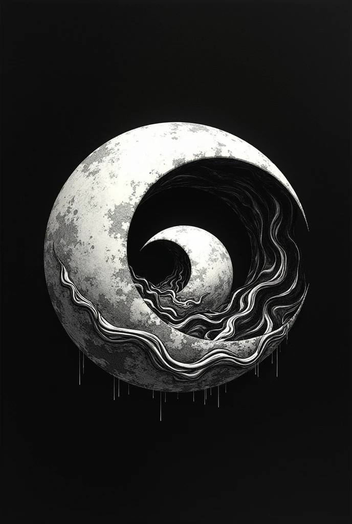 Drawing of a moon inside a moon with black and white tides