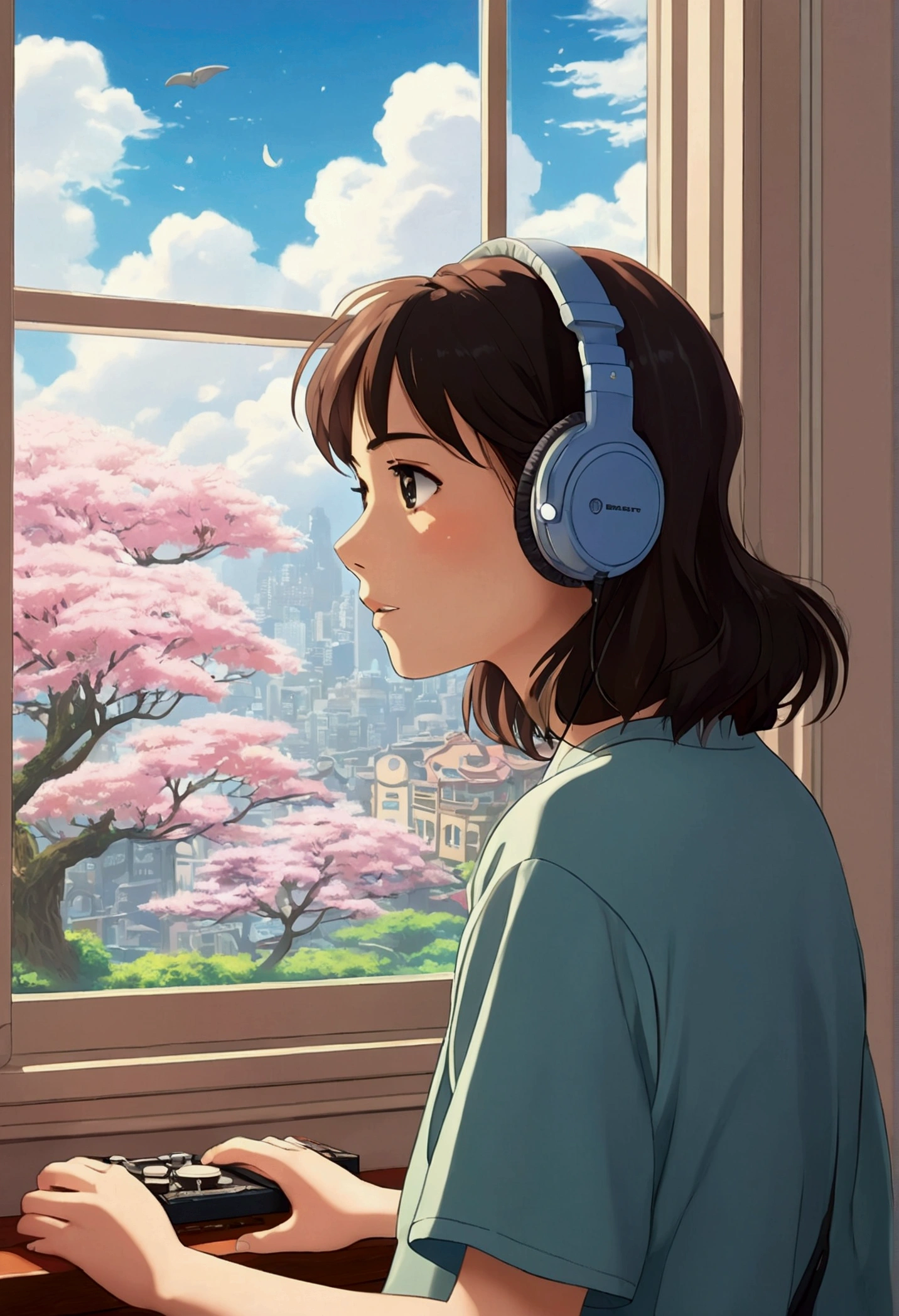 anime style, (Dream art), (Soft Focus), Comfortable room environment, girl wearing headphones, [(lofi beat:1.3)|Ambient music], (Anime art), [(Cherry blossoms|bookshelf:0.5)], [Reflective surface:0.8], [(Soft colors:1.2)|Pastel tones], [(Pay attention to details:1.1)], [illustration:0.7], [(Studio Ghibli style:1.4)], (Animation character design), [window light], [(Subtle shadows:0.9)], [(Depressing atmosphere:1.2)|calm atmosphere], [(Popular topics on pixiv:1.2)], [(Animation community approved:1.1)], [(anime expo:1.3)], [Ethereal Glow], [(focus on eyes:1.1)], [(character illustration:0.8)], [(soft art style)], [(nostalgic feeling:1.2)], [(The character sits:0.7)], [(artistic details:1.1)], [(melancholy mood:1.3)], [(Pay attention to clothing details:1.2)], [(hair flowing:1.1)], [(Unique headphone design:1.2)], [(Vivid background elements:1.1)], [(Anime type:commend:1.4)], [(Trending on deviantart:1.1)], [(Inspired by Xin Haicheng:1.2)], [(cyberpunk infusion:0.9)], [(rainy day atmosphere:1.2)], [(Subtle Bokeh:1.1)], [(anime girl poses:0.9)], [(artistic expression:1.2)], [(The harmony of the palette:1.1)], [(longing mood:1.2)], [(Detailed room decoration:1.1)], [(Popular topics on ArtStation:1.1)], [(illustration challenge entry:1.3)] , 1 girl
